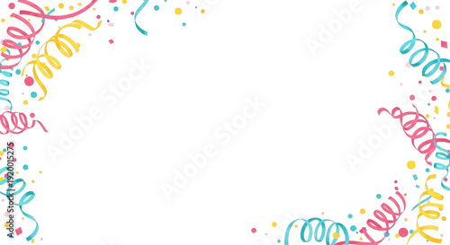 Corner party streamers and confetti festive frame, colorful celebration border