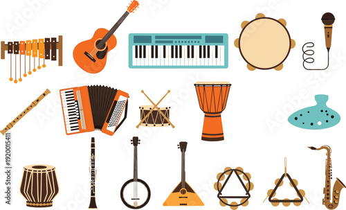 World Musical Instruments Vector Collection Featuring Guitar, Keyboard, Accordion, Drums, Flute, Banjo, Balalaika, Saxophone, and Traditional Percussion Illustrations