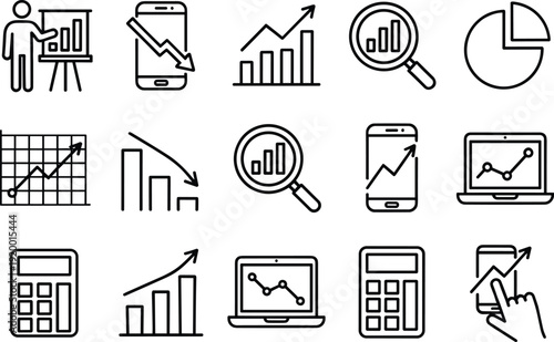 Business analytics and finance line icons set featuring charts, graphs, growth statistics, reports, mobile data visualization symbols for design
