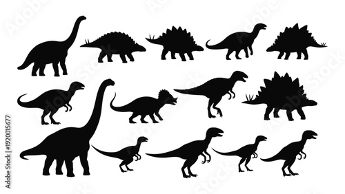 A diverse collection of dinosaur silhouettes showcasing various species and sizes isolated on white background, Vector