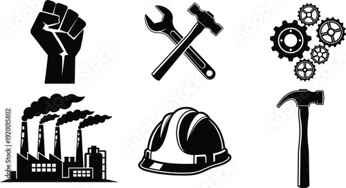 Industrial labor icon set with factory chimney hard hat gears hammer wrench and raised fist cad drawing flat vector illustration