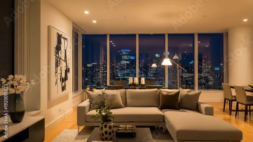 Modern living room with city view at night showcasing elegant decor  