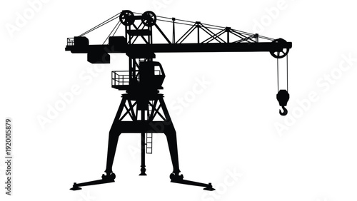 A silhouette of a construction worker operating a tower crane at a building site isolated on white background, Vector