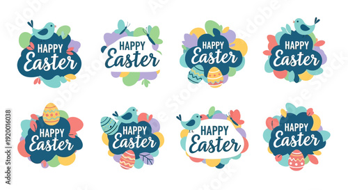 Colorful Easter Badges with Happy Easter Text.