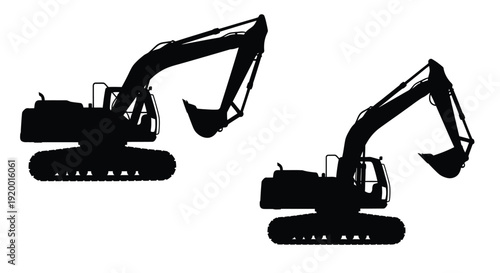 Two excavators shown in a stark black graphic silhouette