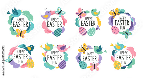 Colorful Easter Egg Illustrations with Happy Easter Text.
