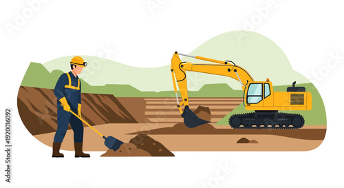 Construction worker and excavator at a building site.