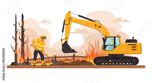 Construction excavator and firefighter working on wildfire scene.