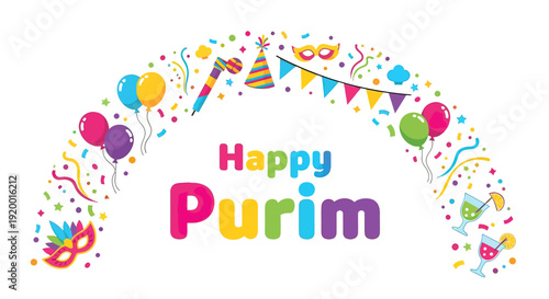 Colorful Purim Celebration with Balloons and Confetti.