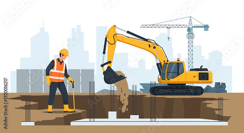 Construction worker and excavator working on site.