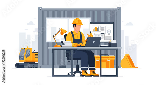 Construction worker at desk with laptop and blueprints.