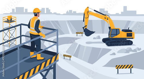 Construction worker observing excavator at building site.