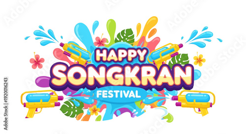Colorful Songkran Festival Greeting with Water Splash.
