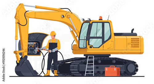 Construction worker fueling a yellow excavator machine.