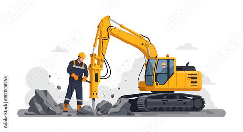 Construction worker operating a hydraulic breaker on an excavator.