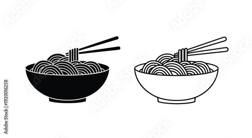 Two bowls of noodles depicted in a striking black and white silhouette
