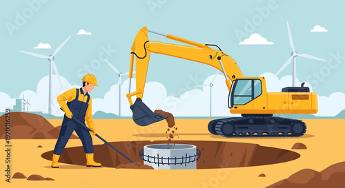 Construction worker operates excavator digging hole for infrastructure development.