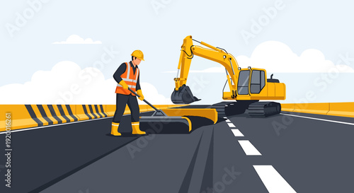 Construction worker operates heavy machinery on road repair project.