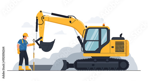 Construction worker operating a yellow excavator machine on site.