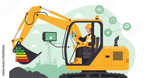 Construction worker operating a modern excavator with digital technology.