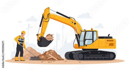 Construction worker operating a yellow excavator digging dirt.