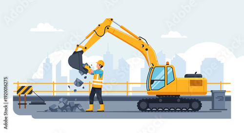 Construction worker operating an excavator on a site.