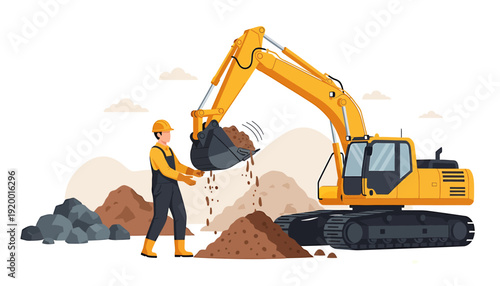 Construction worker operating excavator at a building site.