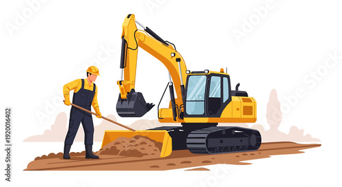 Construction worker operating excavator on a building site.