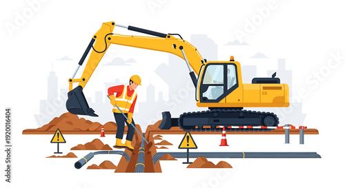 Construction worker operating excavator on a building site with safety equipment.