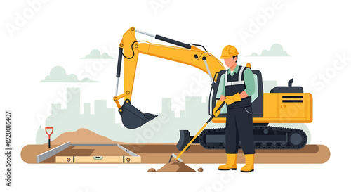 Construction worker operating excavator on building site.