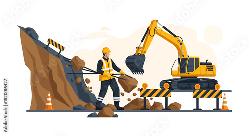 Construction worker operating excavator on landslide site.