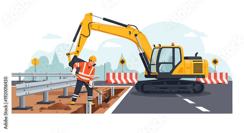 Construction worker operating excavator on road construction site.