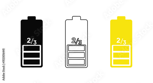 Three battery charge indicators showing two thirds full silhouette