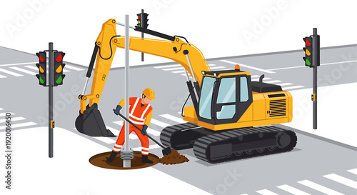 Construction worker operating excavator on road with traffic lights.