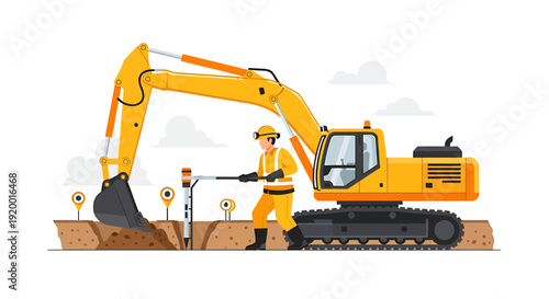 Construction worker operating excavator on site.
