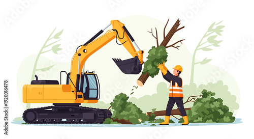 Construction worker operating excavator to clear fallen trees after storm.