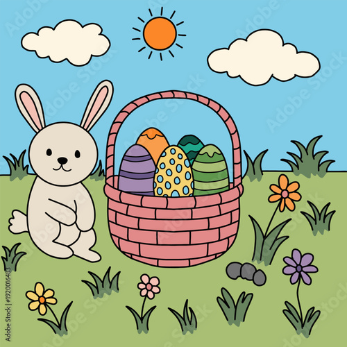 Cute Easter bunny sitting beside colorful egg basket in sunny meadow illustration. Easter egg hunt scene with bunny, flowers, and blue sky