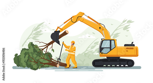 Construction worker operating excavator to remove fallen tree.