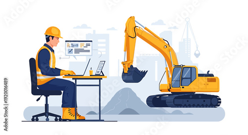 Construction worker operating excavator using laptop computer for project management.