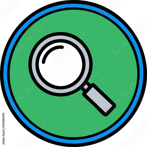 A magnifying glass icon with a green circle background and a blue border, representing search and discovery.
