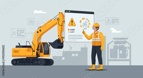 Construction worker pointing at digital screen with excavator illustration.