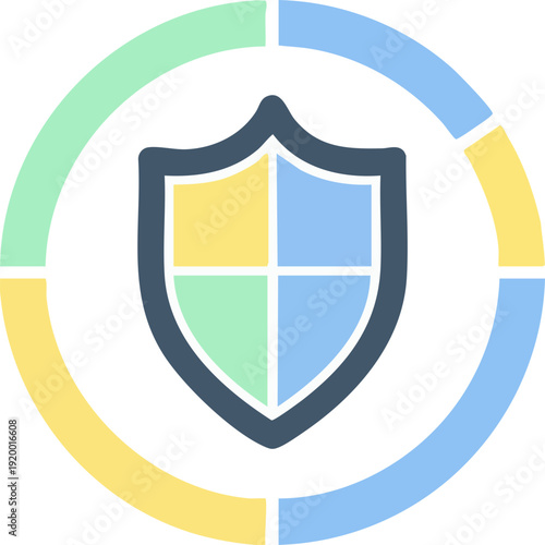 A stylized shield icon with four quadrants of different colors, enclosed within a segmented circular ring, symbolizing security and data protection.