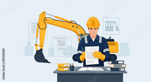 Construction worker reviews blueprints at desk with excavator illustration.