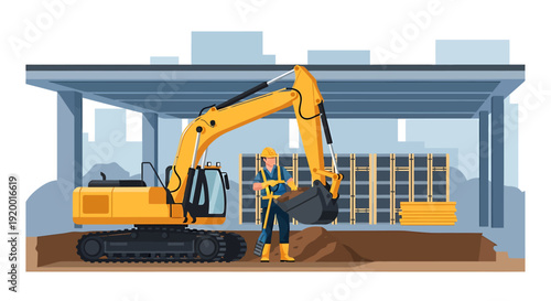Construction worker standing near yellow excavator on building site.