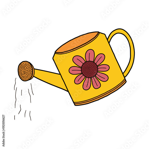 Cute yellow watering can with flower pattern vector illustration. Farming and gardening, growing flowers. Hand drawn gardening watering pot with sunflower doodle