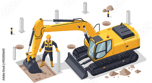 Construction worker standing next to a yellow excavator machine.