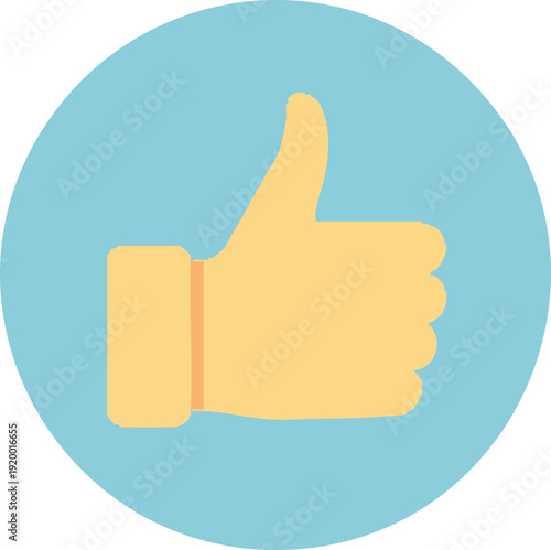A simple, flat design illustration of a yellow thumb up gesture against a light blue circular background.