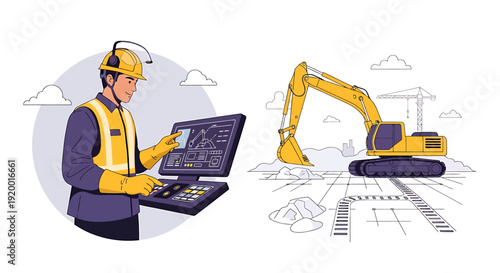 Construction worker using digital tablet with excavator on blueprint.