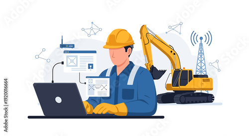 Construction worker using laptop with excavator and communication tower.