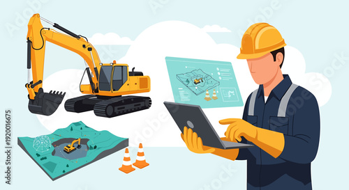 Construction worker using laptop with excavator and blueprints.